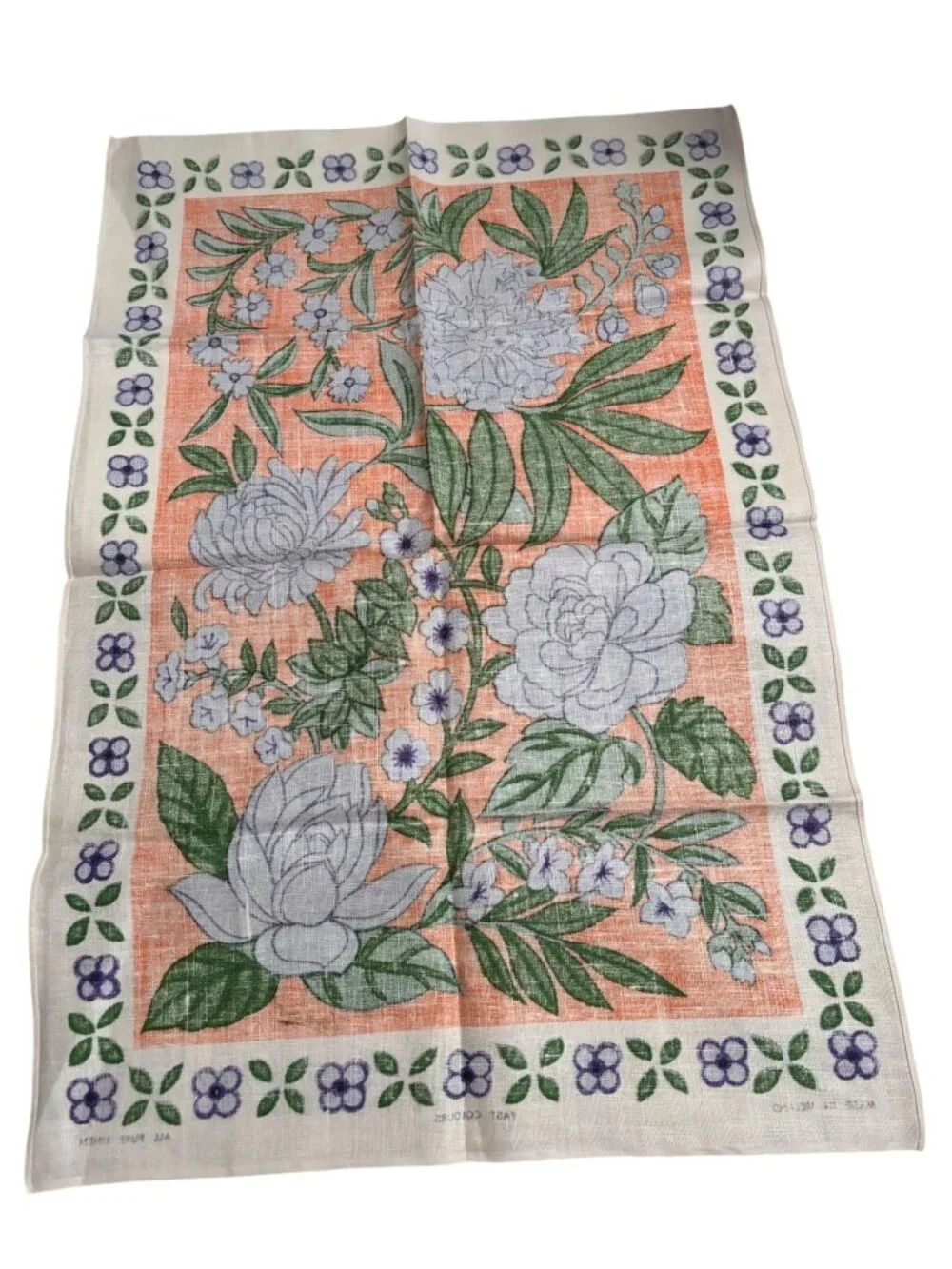 Vintage Irish Pure Linen Tea Towel Floral Design By Lamont Orange & Blue Fast Co